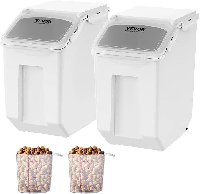 Effective VEVOR Ingredient Storage Bin 2 x 15L Dispenser Bin with 2 Measuring Cups Attachable Casters and Airtight Lid 2 Pcs Set Dog Pet Food Storage Container PP Material Kitchen Rice Ce Flour BinAbout ThisOverview Functional