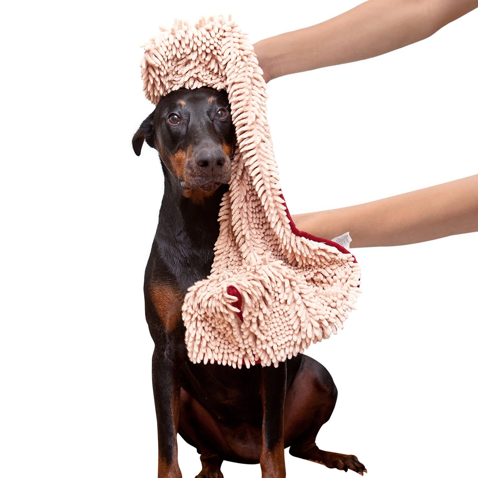 Selected Soggy Doggy Super Shammy Dog Towel Ultra-Absorbent Microfiber Chenille with Hand Pockets – 31x14 inches Beige Red Trim Contemporary