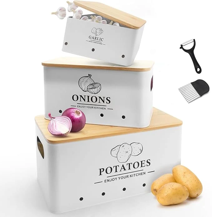 Classic Kitchen Vegetable Storage Set of 3 Metal Onion Garlic Potato Storage Set Kitchen Canisters Vegetable Keeper Containers with Aerating Holes and Wooden Lid White About ThisOverview Healthy