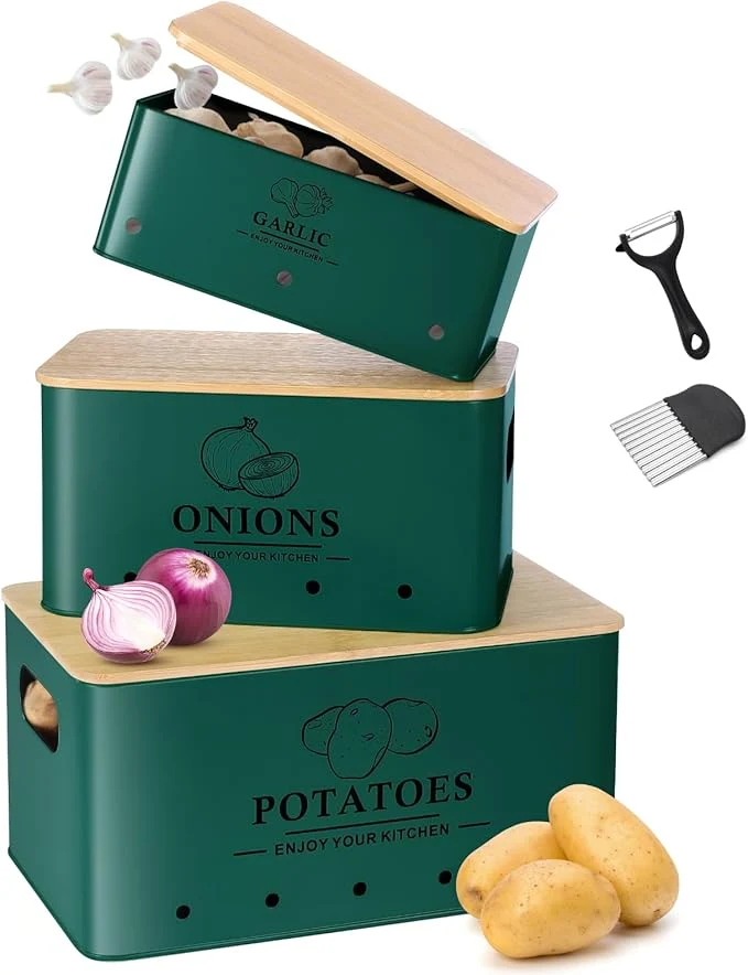 First-Class Kitchen Vegetable Storage Set of 3 Metal Onion Garlic Potato Storage Set Kitchen Canisters Vegetable Keeper Containers with Aerating Holes and Wooden Lid Alpine Green About ThisOverview Dependable