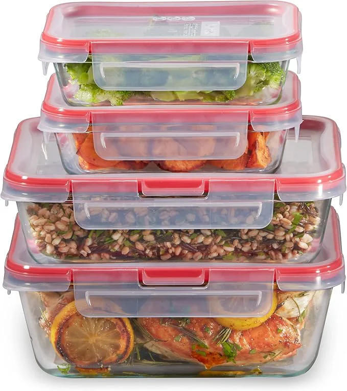Eco-Friendly Pyrex Freshlock 4-Pack Mixed Sized Glass Food Storage Containers Set Airtight Leakproof Plastic Locking Lids BPA- Meal Prep Containers Set zer Dishwasher Microwave SafeAbout ThisOverview Next-Generation