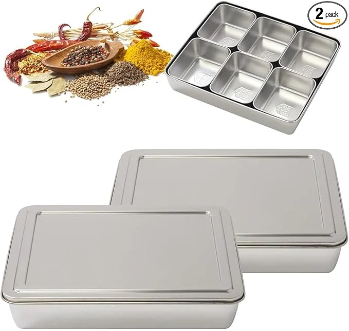 Crafted Japard 2 Pcs Stainless Steel Seasoning Box with Lid Food Storage Container with Tray Spice Organizer Jars 6 Grids Spice Salt Sugar Kitchen UtensilsAbout ThisOverview Authentic