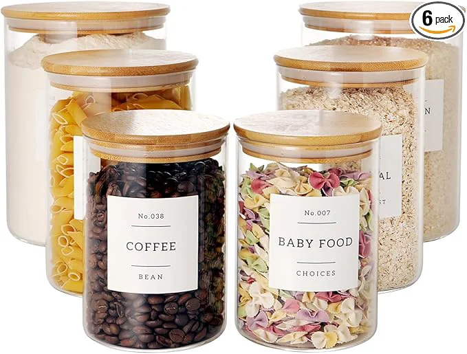 Top-Quality Set of 6 Glass Flour and Sugar jars with 132 Kitchen Pantry Labels - Thicken Large Glass Storage containers with Airtight Bamboo Lid - Rice Canisters for Salt Coffee - 100OZ 54OZ 27OZAbout ThisOverview Solid