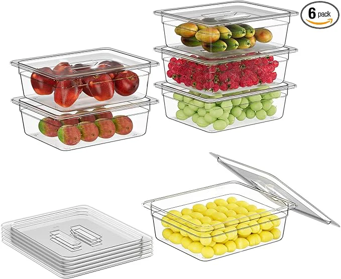 Efficient 1 2 4'' 6 Pack Plastic Food Pans With Lids Clear Food Pan Commercial Stackable Polycarbonate zer-Safe for Fruits Vegetables Restaurant KitchenAbout ThisOverview Detailed