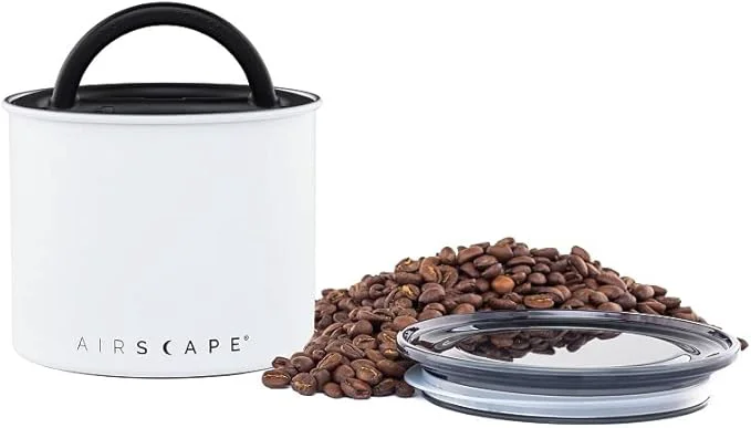 Classic Planetary Design Airscape Stainless Steel Coffee Canister Food Storage Container US Patented Airtight Lid Push Out Excess Air Preserve Food Freshness Small Matte White About ThisOverview Traditional