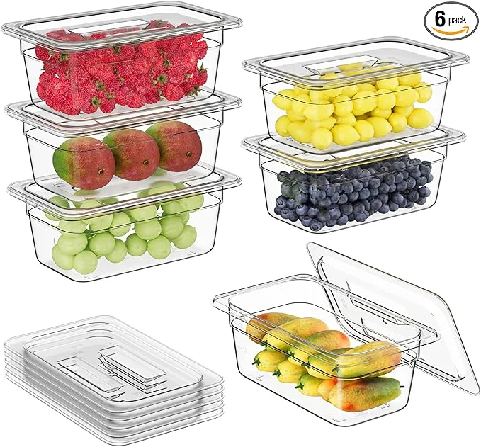 Versatile 1 4 4'' 6 Pack Plastic Food Pans With Lids Clear Food Pan Commercial Stackable Polycarbonate zer-Safe for Fruits Vegetables Restaurant KitchenAbout ThisOverview Authentic