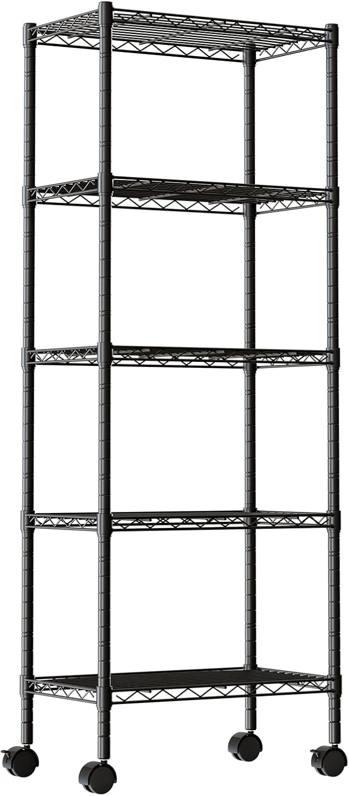 Detailed DUMOS Industrial 5 Level Grid Storage Rack ，Mobile Metallic Shelving System with Lockable Wheels， Multi-Purpose Cabinet for Workshop Culinary Space Storeroom Washroom Restroom BlackAbout ThisOverview Proven