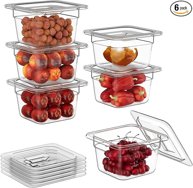 Secure 1 6 4 6 Pack Plastic Food Pans With Lids Clear Food Pan Commercial Stackable Polycarbonate zer-Safe for Fruits Vegetables Restaurant KitchenAbout ThisOverview Trusted