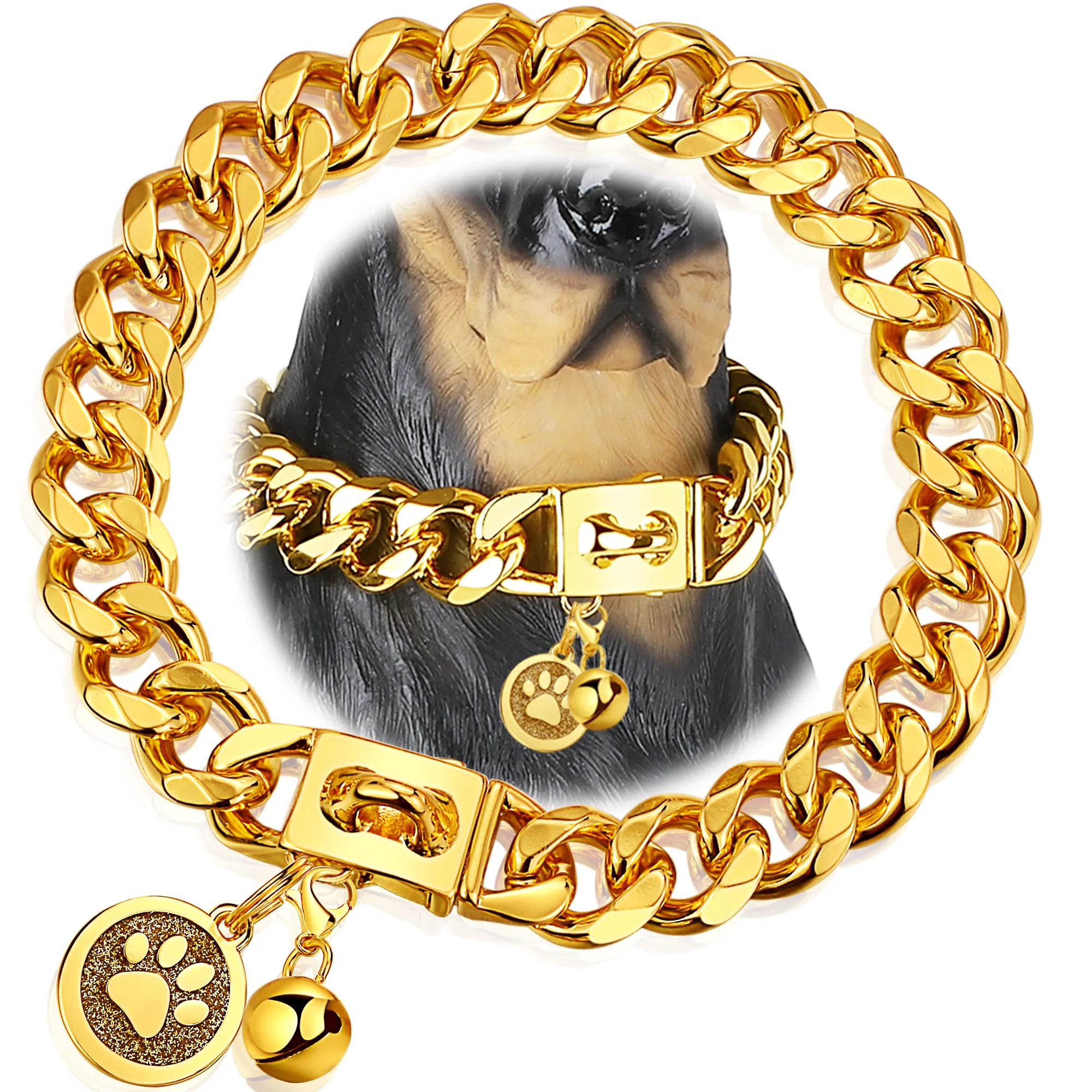 Contemporary iDofas Gold Dog Chain Collar 19mm – 18K Gold Plated Cuban Link with Secure Buckle 10 inches High-Performance