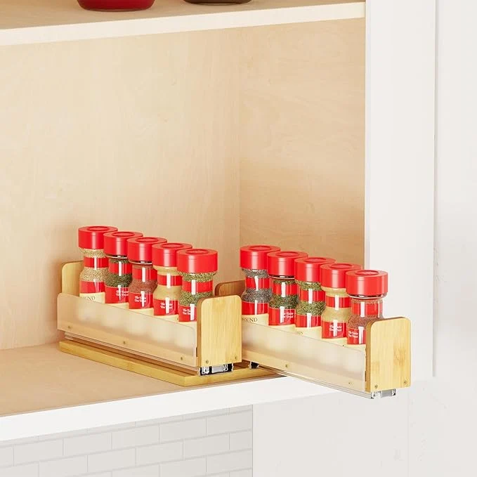 Refined SpaceAid Bamboo Pull Out Spice Rack Organizer for Cabinet Heavy Duty Slide Out Seasoning Kitchen Pantry Sliding Vertical Organization 5.1 Wide 2 Drawers 2 Wide 1-Tier NaturalAbout ThisOverview High-Quality