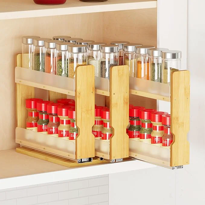Fine SpaceAid Bamboo Pull Out Spice Rack Organizer for Cabinet Heavy Duty Slide Out Seasoning Kitchen Pantry Sliding Vertical Organization 7.6 Wide 3 Drawers 2 Wide 2-Tier NaturalAbout ThisOverview High-End