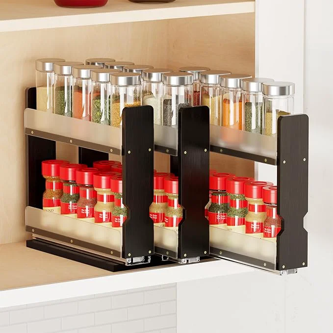 Prestigious SpaceAid Bamboo Pull Out Spice Rack Organizer for Cabinet Heavy Duty Slide Out Seasoning Kitchen Pantry Sliding Vertical Organization 7.6 Wide 3 Drawers 2 Wide 2-Tier BlackAbout ThisOverview Durable