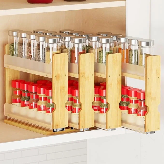 SpaceAid Bamboo Pull Out Spice Rack Organizer for Cabinet Heavy Duty Slide Out Seasoning Kitchen Pantry Sliding Vertical Organization 10.1 Wide 4 Drawers 2 Wide 2-Tier NaturalAbout ThisOverview Premium