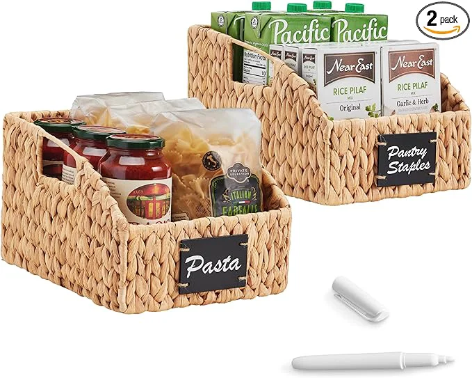 Artisan Choice Products Natural Hyacinth Angled Pantry Storage Baskets Woven Wicker Storage Bins w Handles Storage Container Baskets for Shelves Chalkboard Label Marker Pack of 2 - NaturalAbout ThisOverview Carefully Designed