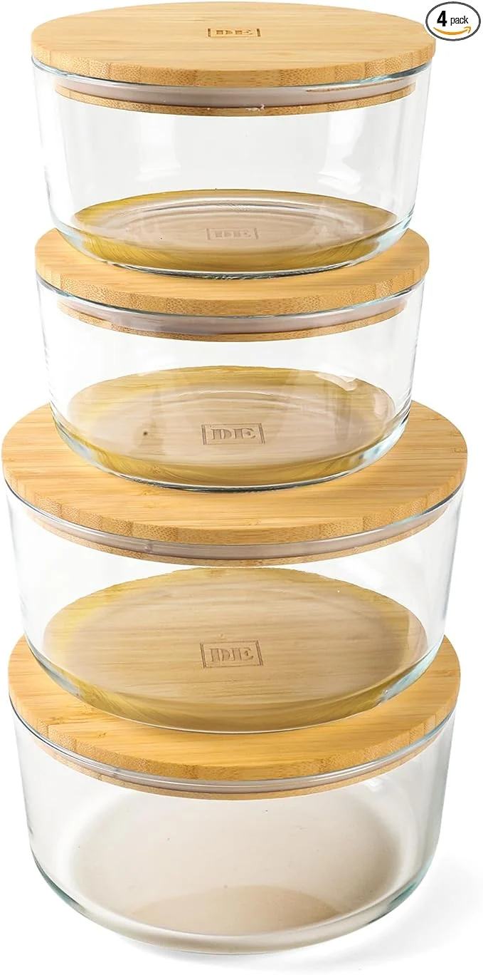 Sustainable DE Glass Food Storage Containers with Bamboo Lids – 4 Pack Round 2x33oz 2x60oz – BPA- Borosilicate Glass Meal Prep Containers – Plastic- Oven Microwave zer SafeAbout ThisOverview Powerful