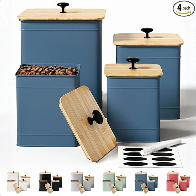 Certified Kitchen Canisters for Countertop Set of 4 with Customizable Chalkboard Labels Marker Pen - Big Iron Kitchen Canister Set with Airtight Lids - Blue Canisters - Sugar Tea Coffee Containers SetsAbout ThisOverview Smart