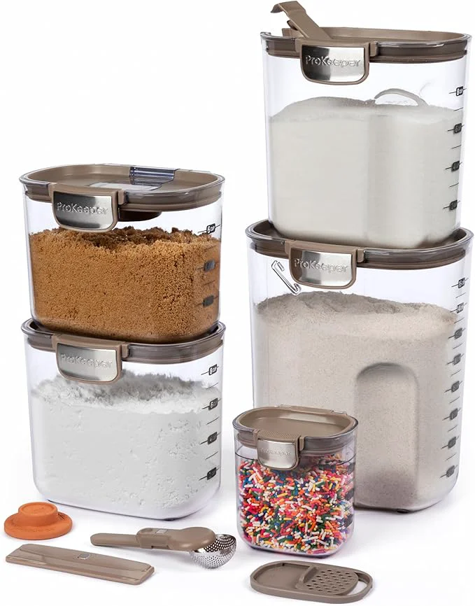 Eco-Friendly ProKeeper Airtight Food Storage Container Set – Clear Plastic Flour and Sugar Canister Set with Magnetic Accessories for Kitchen Organization Taupe 9-Piece About ThisOverview Specialty
