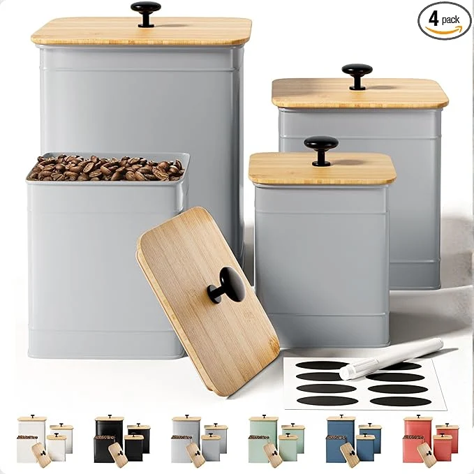 Sustainable Kitchen Canisters for Countertop Set of 4 with Customizable Chalkboard Labels Marker Pen - Big Iron Kitchen Canisters with Airtight Lids - Gray Canister Set - Flour and Sugar Containers FarmhouseAbout ThisOverview Proven