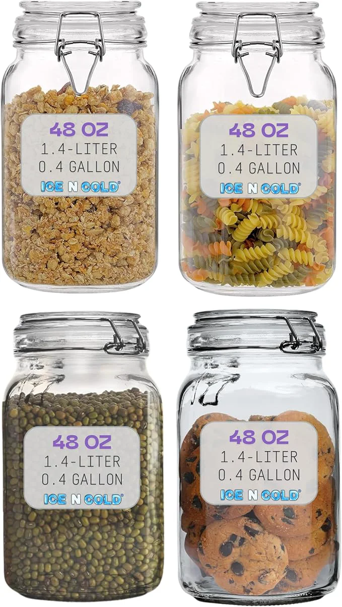 Functional Airtight Glass Storage Jars with Clamp Lid – Food Storage Containers with Rubber Gasket Seal – Pantry Kitchen Canisters for Dry Goods Coffee Sugar Pasta – 0.4L to 4L Sizes 4 48oz 1.4L About ThisOverview Versatile