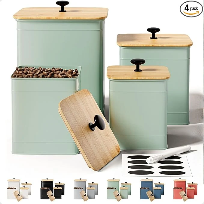 Practical Kitchen Canisters for Countertop Set of 4 with Customizable Chalkboard Labels Marker Pen - Big Iron Kitchen Canisters with Airtight Lids - Sage Green Canister Set - Flour and Sugar ContainersAbout ThisOverview Official