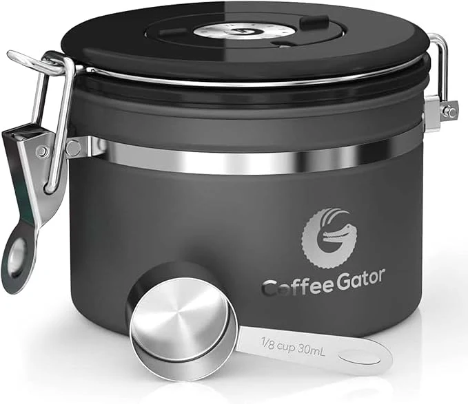 Quality Coffee Gator Coffee Canister 11oz Airtight Stainless Steel Kitchen Food Storage Container with Date-Tracker CO2-Release Valve and Scoop for Beans Grounds Sugar Cookies Jars Tea Ce - GrayAbout ThisOverview Fast