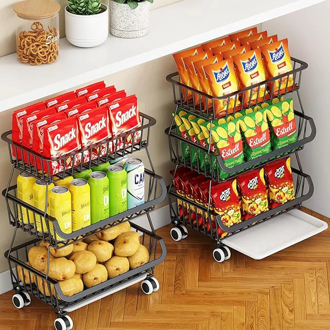 Secure Miyawell 3-Tier Rolling Pantry Cart with Wheels Stackable Wire Storage Floor Organizer for Kitchen Pantry Snack Shelves Fruit Basket Stand Vegetable Storage Rack for Food Snacks Onion PotatoAbout ThisOverview Professional