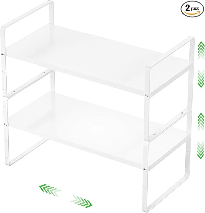 Sophisticated Expandable Cabinet Storage Shelf Stackable Organizer Rack for Kitchen Bathroom Pantry Spice Cupboard Countertop Home Office Desk Heavy Duty Nonslip White Small 2 PACKAbout ThisOverview Comfortable