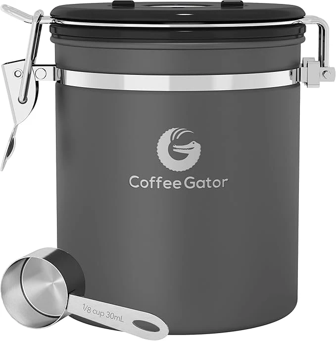 Next-Generation Coffee Gator Stainless Steel Canister - Medium 16oz Gray Coffee Grounds and Beans Container with Date-Tracker CO2-Release Valve and Measuring Scoop - I Coffee Lovers GiftsAbout ThisOverview Green