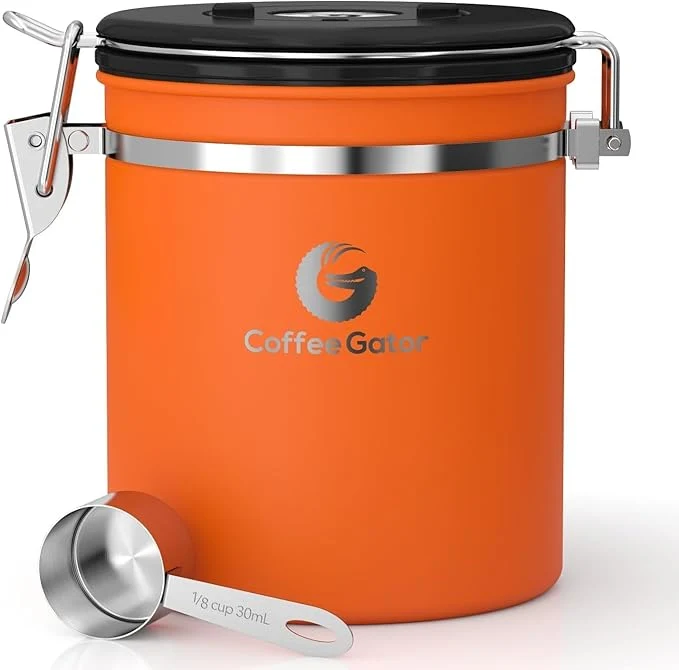 Casual Coffee Gator Coffee Canister 16oz Airtight Stainless Steel Kitchen Food Storage Container with Date Tracker Scoop for Sugar Grounds Coffee Beans Tea Sugar Ce Flour Cookies Jars - OrangeAbout ThisOverview Artisan