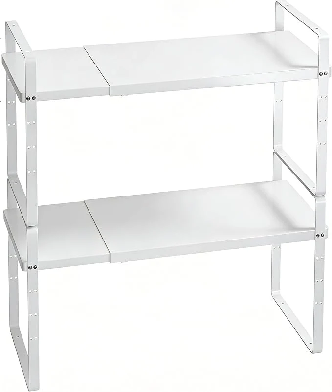 Sustainable Expandable Cabinet Shelf Organizer Stackable Kitchen Pantry Counter Storage Adjustable Closet Cupboard Stand Rack Risers Spice Organization 80LBS Heavy Duty White Large 2 PackAbout ThisOverview Easy-to-Use