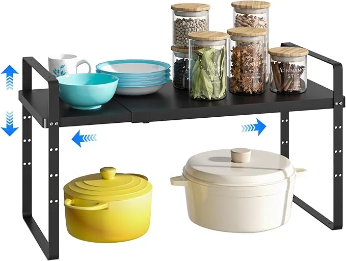 Carefully Designed Expandable Cabinet Shelf Organizer Stackable Kitchen Pantry Counter Storage Adjustable Closet Cupboard Stand Rack Risers Spice Organization 80LBS Heavy Duty Black Large 1 PackAbout ThisOverview Recyclable