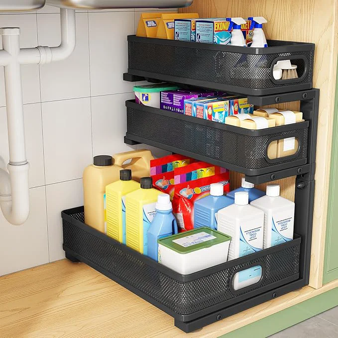 Casual Kitstorack Under Sink Organizer 1-Pack 3-Tier Height Adjustable Thickened Metal Pull out Cabinet Organizer Shelf Slide out Storage Drawer Rack for Bathroom Kitchen Pantry Home Laundry OrganizationAbout This Professional