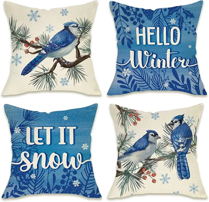 Classic Fahrendom Hello Winter Bluebird Decorative Throw Pillow Covers 18x18 Set of 4 Innovative