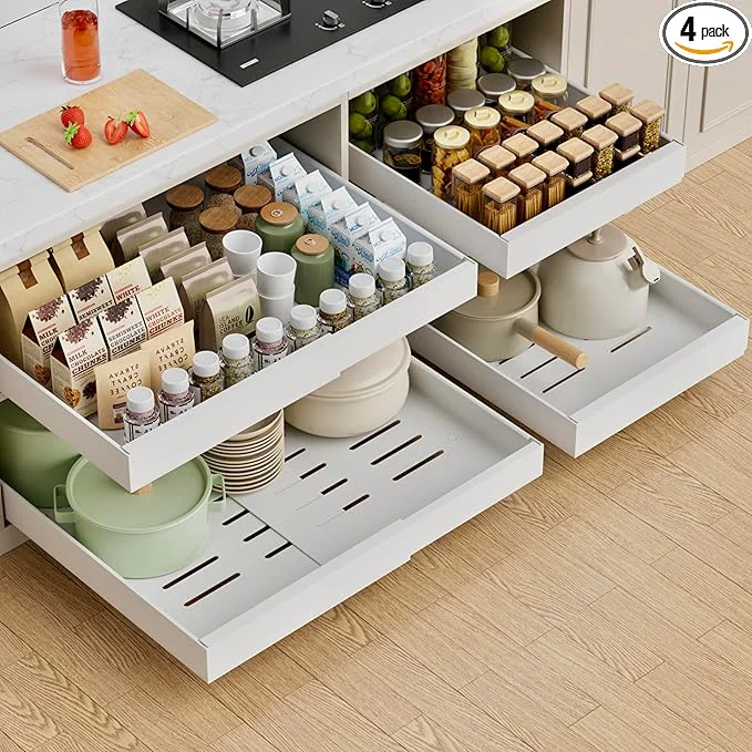 Enhanced PAKETA 4 Pack Expandable Pull Out Cabinet Organizer 21'' Deep Pull Out Drawers for Cabinets Upgrade 3 Slide Rails Sliding Drawer for Kitchen Cabinet Organizer with Adhesive Nano Film White About ThisOverview Responsible
