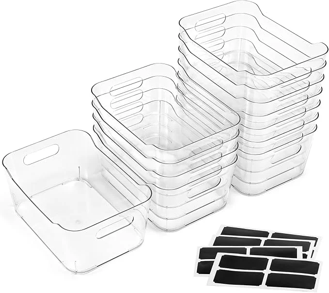 Advanced 12 PACK Multi-Use Clear Plastic Storage Bins for Organizing w Labels - Home Kitchen Bathroom Office Pantry Cabinet Shelf Organizer Bins - SOHO Collection RV Fridge Organization ContainersAbout ThisOverview Eco-Friendly