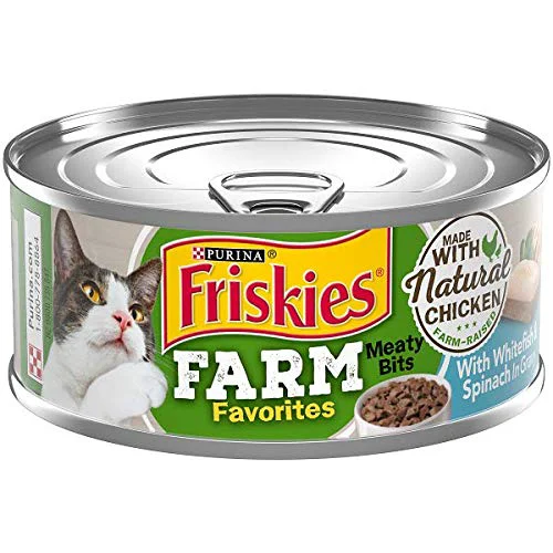 Stylish Friskies Farm Favorites Wet Cat Food - Meaty Bits Chicken Whitefish Spinach in Gravy 12 Cans 5.5 oz Professional