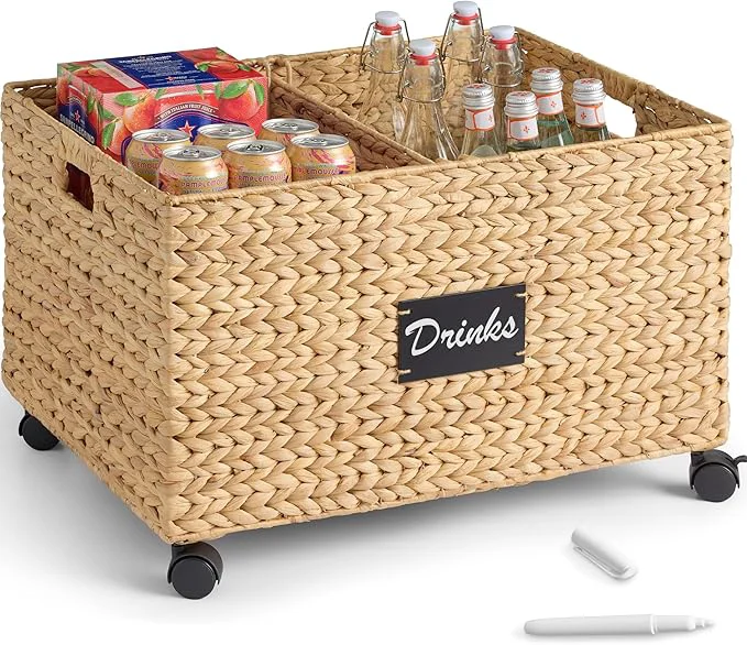 Top-Quality Choice Products Rolling Pantry Storage Basket Organizer W Chalkboard Label Open Handles Removable Divider Water Hyacinth Bin for Kitchen Bedroom Office Kids' Room Laundry Room - NaturalAbout ThisOverview Fine