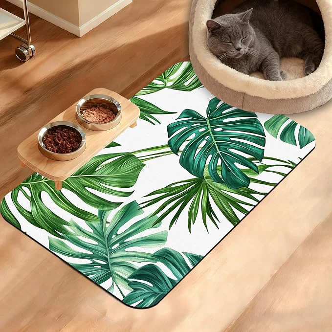 Artisan Dog Bowl Mat Leaves Pet Feeding Mat Trendy