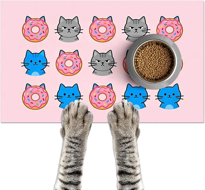 Unique Cat Feeding Mat 24x16 inch Donut Cat Print Pet Bowl Placemat Non Slip Floor Mat Enhanced