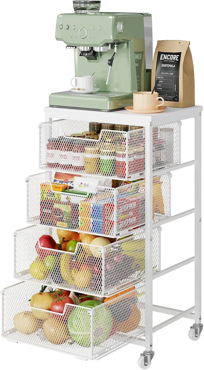 Solid 4-Tier Kitchen Storage Cart - Fruit Vegetable Storage Cart with Drawers Wooden Top Metal Wire Kitchen Organizer and Storage Cart with Wheels to Storage Onions Potatoes Cans Snacks for KitchenAbout ThisOverview Innovative