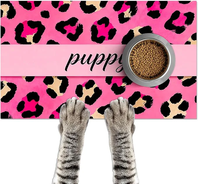 Artisan Puppy Feeding Mat 24x16 inch Hot Pink Leopard Print Pet Bowl Placemat Non Slip High-Grade