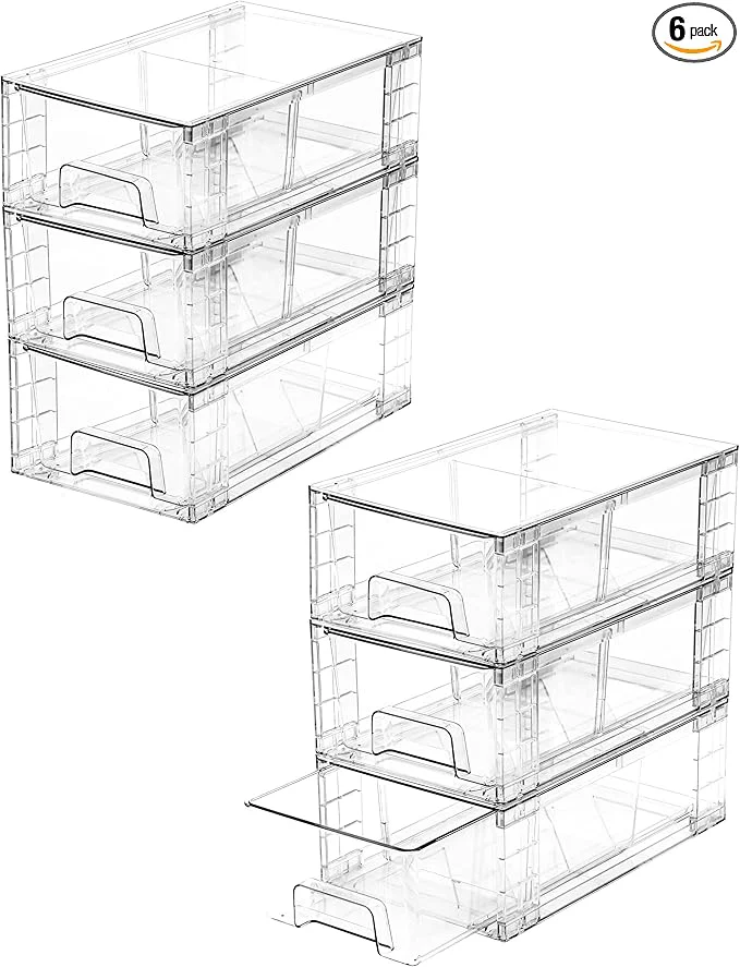 Authentic 6 Pack Stackable Storage Drawers Plastic Organizers Bins Drawers Storage with Handles and Movable Dividers for Organization and Storage in Fridge Bathroom Pantry Kitchen Cabinets Under SinkAbout ThisOverview Outstanding