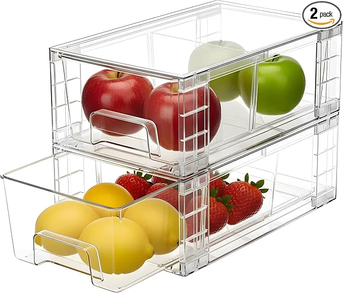 Contemporary 2 Pack Stackable Storage Drawers Plastic Organizers Bins Drawers Storage with Handles and Movable Dividers for Organization and Storage in Fridge Bathroom Pantry Kitchen Cabinets Under SinkAbout ThisOverview Functional