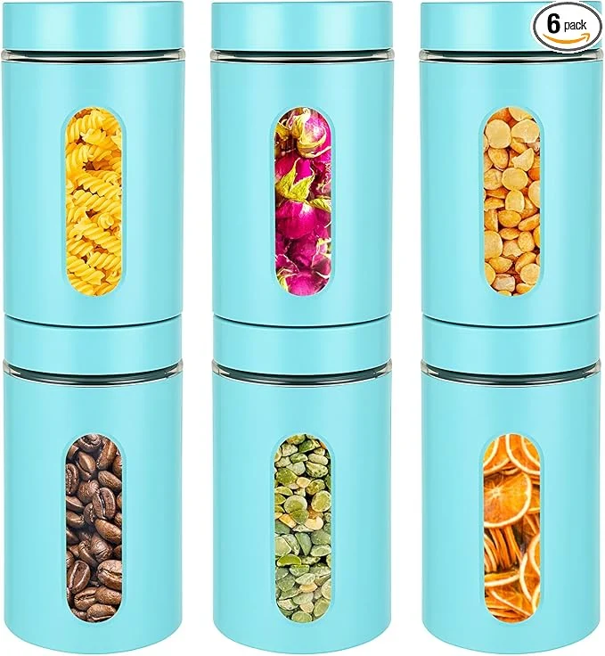 Classic Patelai 6 Pack Kitchen Canisters Set Airtight Stainless Steel Canister Food Storage Container with Window Glass Coffee Sugar Candy Jars Tea Organizer for Flour Cookies Spice Turquoise 32 oz About ThisOverview Specialty