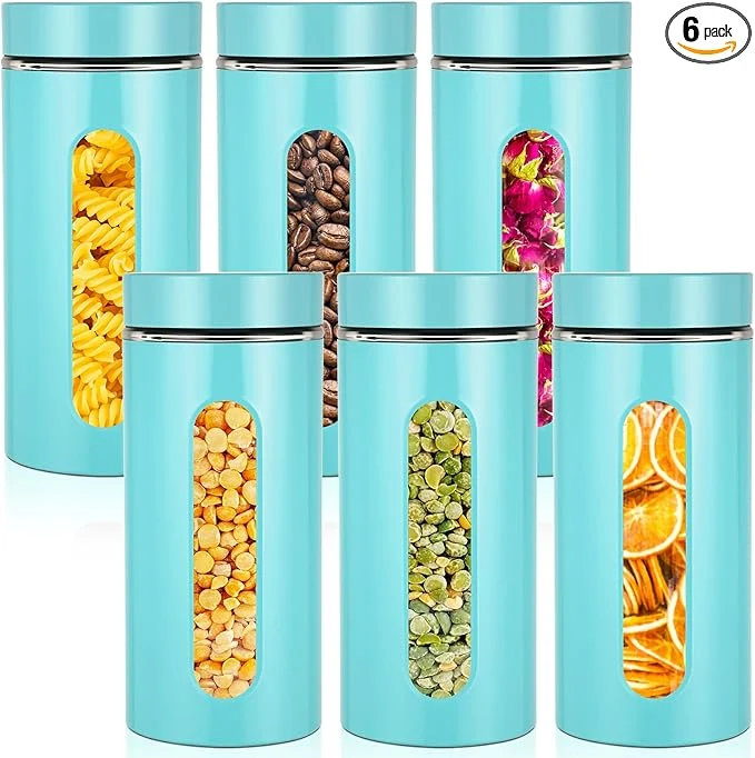 Traditional Patelai 6 Pack Kitchen Canisters Set Airtight Stainless Steel Canister Food Storage Container with Window Glass Coffee Sugar Candy Jars Tea Organizer for Flour Cookies Spice Turquoise 44 oz About ThisOverview Fast