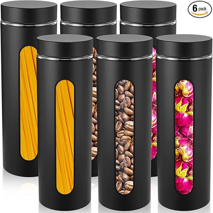Stylish Patelai 6 Pack Kitchen Canisters Set Airtight Stainless Steel Canister Food Storage Container with Window Glass Coffee Sugar Candy Jars Tea Organizer for Flour Cookies Spice Black 60 oz About ThisOverview Natural