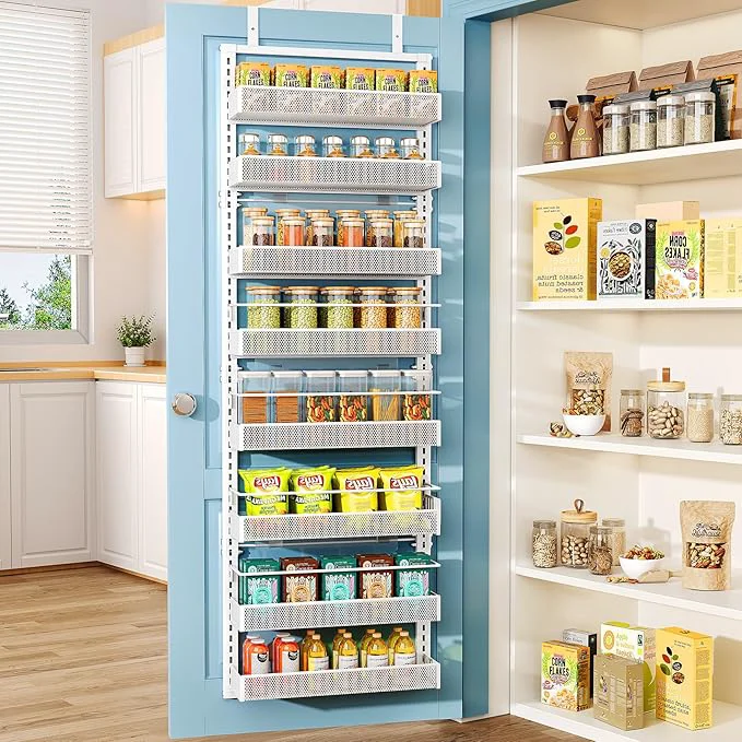 Secure SNTD 8 Tiers Over the Door Organizer - Height Adjustable Pantry Organizers and Storage with Dense Mesh Baskets Anti-Swing Hanging Door Spice Rack for Kitchen Bathroom White 17 W x 6 D x 69 H About ThisOverview Selected