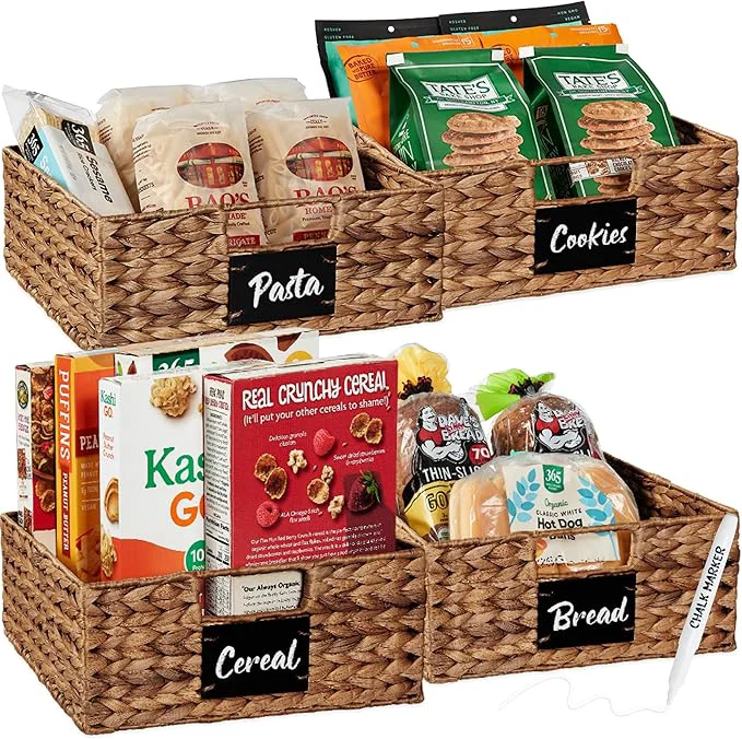 Consistent Choice Products Set of 4 13x12in Water Hyacinth Pantry Baskets Woven Organizers w Chalkboard Label Chalk Marker - ChestnutAbout ThisOverview Advanced