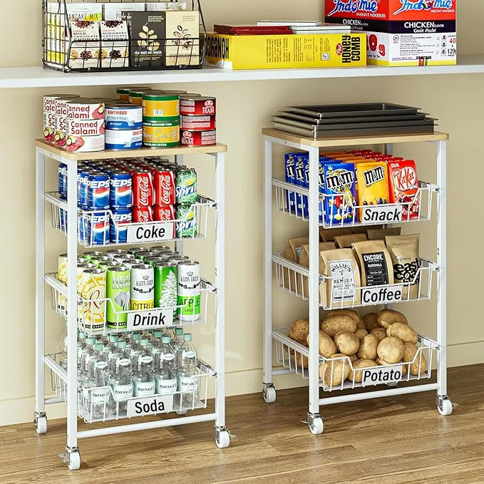 Soft 4-Tier Small Kitchen Storage Cart on Wheels with Pull-Out Drawers Rolling Pantry and Snack Organizer Cart with Wood Top Kitchen Floor Fruit Basket Stand for Fruit Potato Onion Veggie SnackAbout ThisOverview World-Class