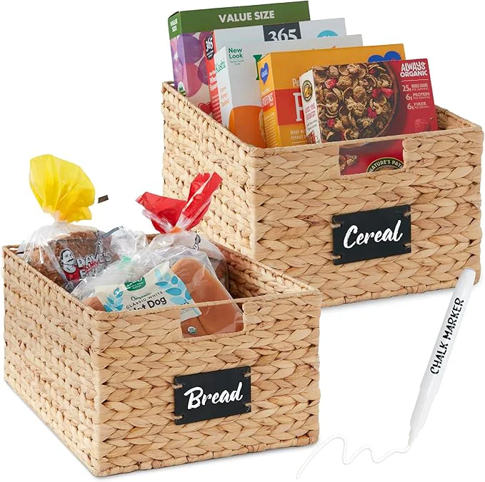 Trusted Choice Products Pantry Baskets Set of 2 16x12in Water Hyacinth Storage Baskets Woven Wicker Kitchen Organizers with handles w Chalkboard Label Chalk Marker - NaturalAbout ThisOverview Refined